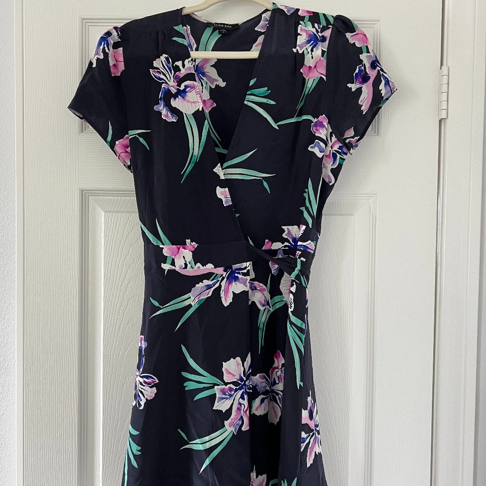 Yumi Kim Navy Floral Wrap Silk Dress - Size S
